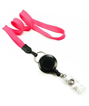 Pink Retractable Id Lanyard  3/8 inch pink badge reel lanyard attached  split ring with retractable ID reel-blank-LNB32RNPNK